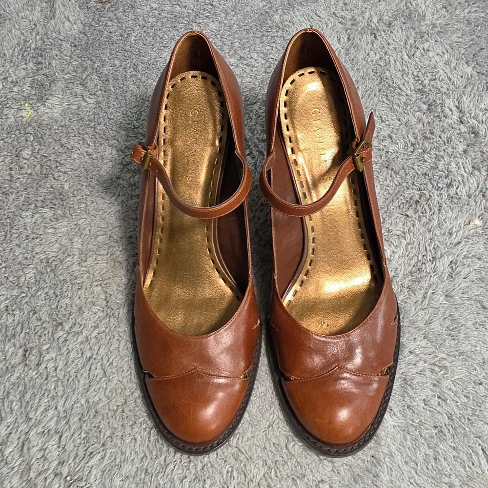 Gianni Bini Mary Jane Wedge Cognac Brown Leather Art Heels Womens 8.5M Excellent
